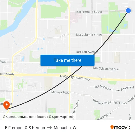 E Fremont & S Kernan to Menasha, WI map
