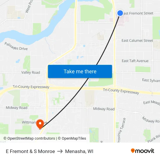 E Fremont & S Monroe to Menasha, WI map