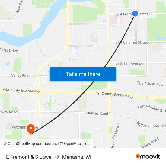 E Fremont & S Lawe to Menasha, WI map