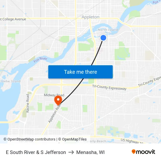 E South River & S Jefferson to Menasha, WI map