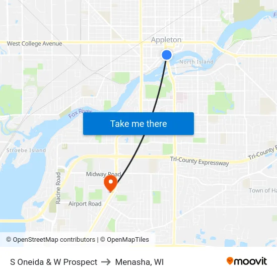 S Oneida & W Prospect to Menasha, WI map