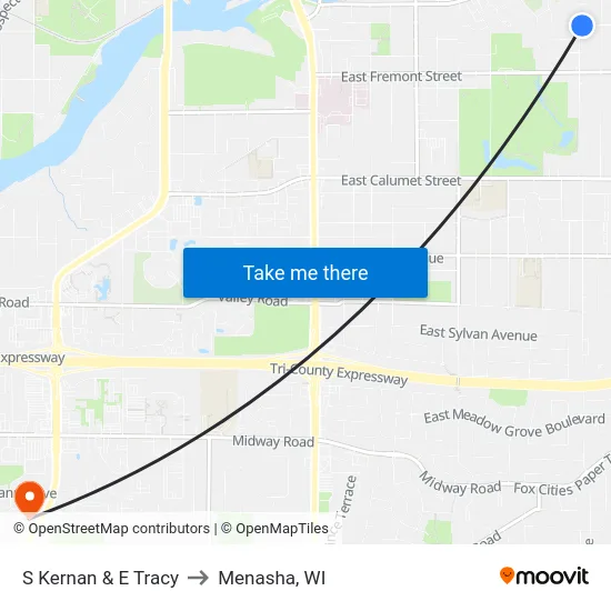 S Kernan & E Tracy to Menasha, WI map