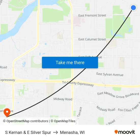 S Kernan & E Silver Spur to Menasha, WI map