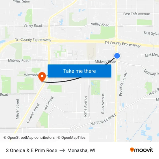 S Oneida & E Prim Rose to Menasha, WI map