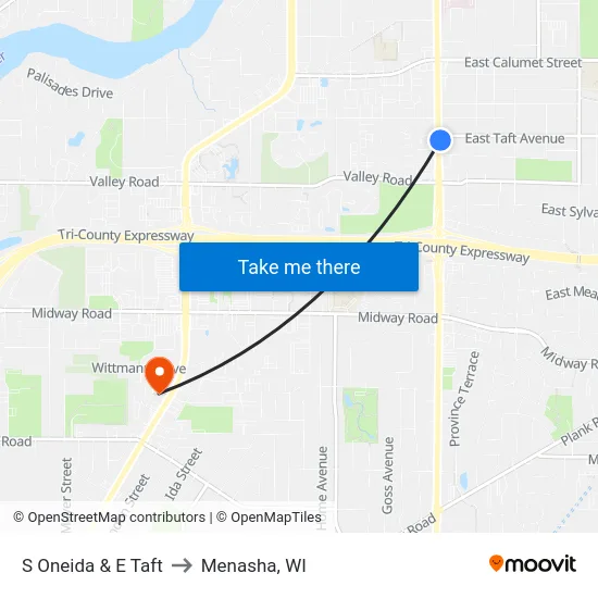 S Oneida & E Taft to Menasha, WI map