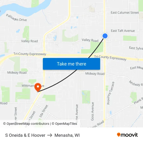 S Oneida & E Hoover to Menasha, WI map