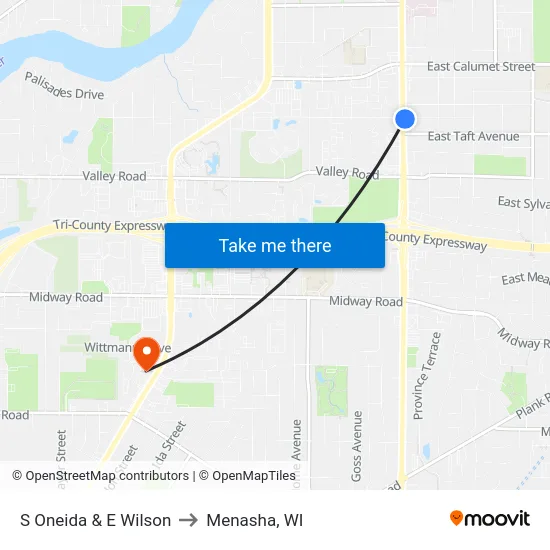 S Oneida & E Wilson to Menasha, WI map