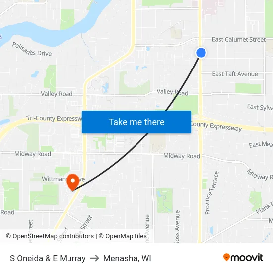 S Oneida & E Murray to Menasha, WI map