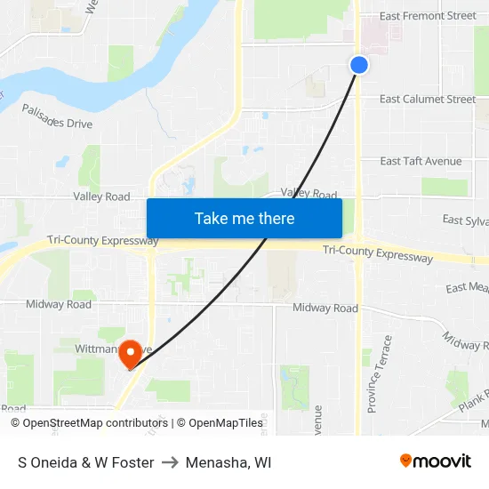 S Oneida & W Foster to Menasha, WI map