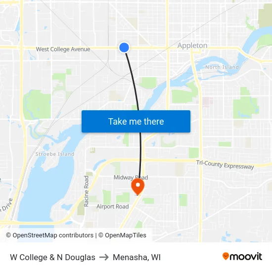 W College & N Douglas to Menasha, WI map