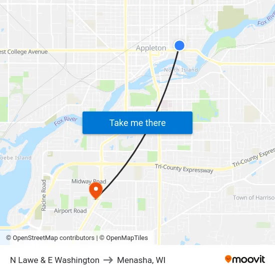 N Lawe & E Washington to Menasha, WI map
