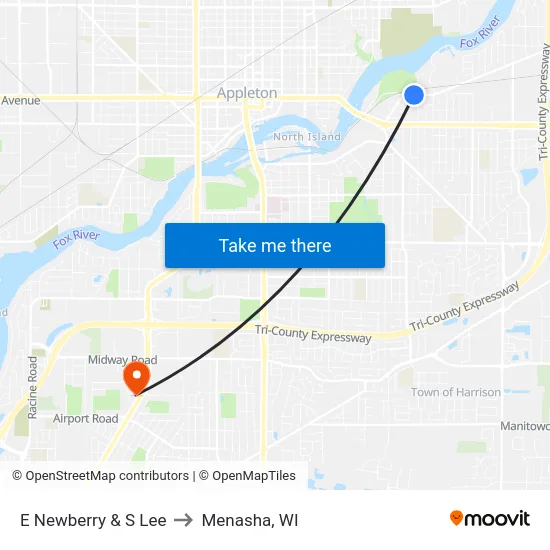 E Newberry & S Lee to Menasha, WI map