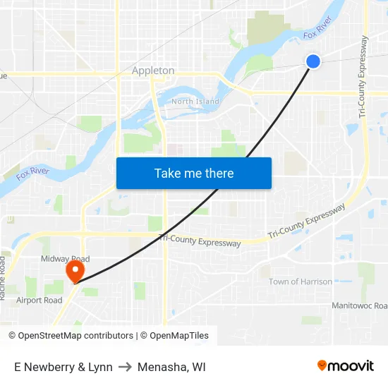 E Newberry & Lynn to Menasha, WI map