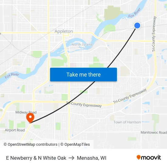 E Newberry & N White Oak to Menasha, WI map