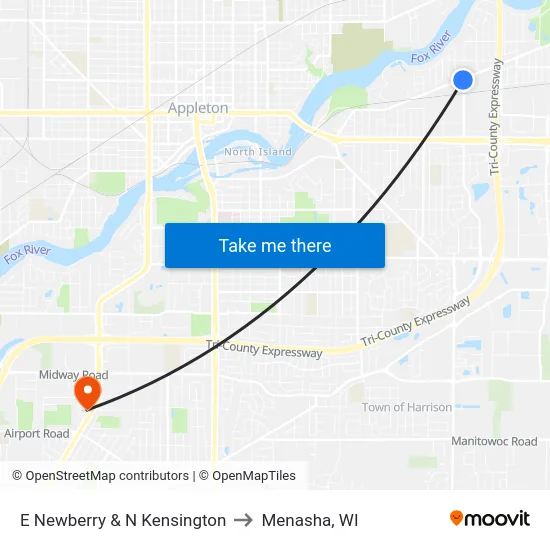 E Newberry & N Kensington to Menasha, WI map