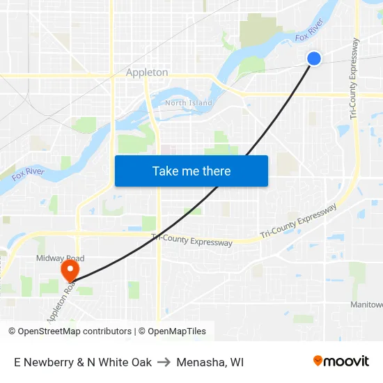 E Newberry & N White Oak to Menasha, WI map