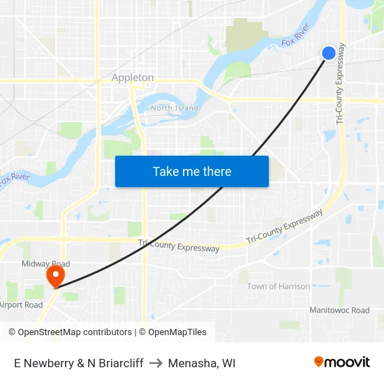 E Newberry & N Briarcliff to Menasha, WI map
