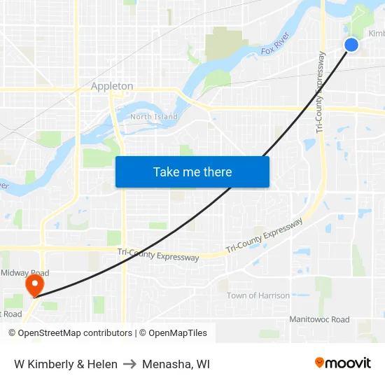 W Kimberly & Helen to Menasha, WI map