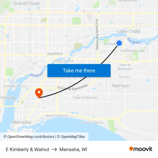 E Kimberly & Walnut to Menasha, WI map