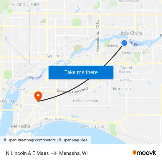 N Lincoln & E Maes to Menasha, WI map