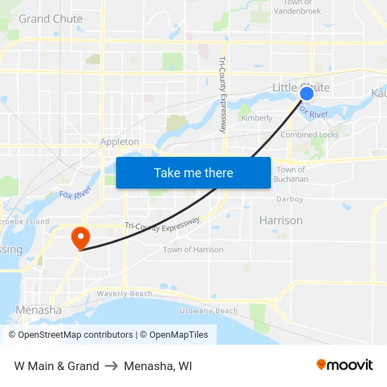 W Main & Grand to Menasha, WI map