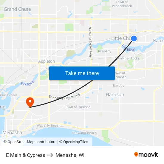 E Main & Cypress to Menasha, WI map