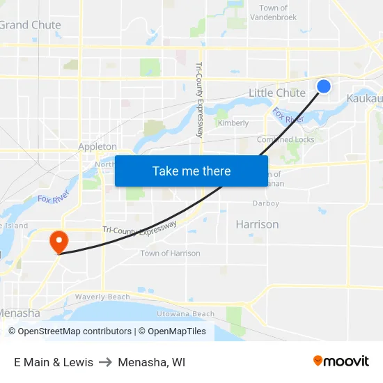 E Main & Lewis to Menasha, WI map