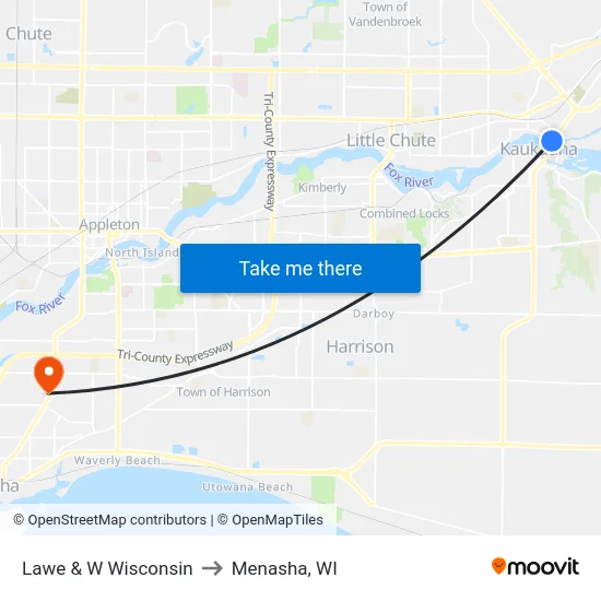 Lawe & W Wisconsin to Menasha, WI map
