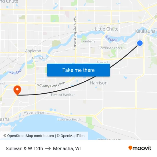 Sullivan & W 12th to Menasha, WI map