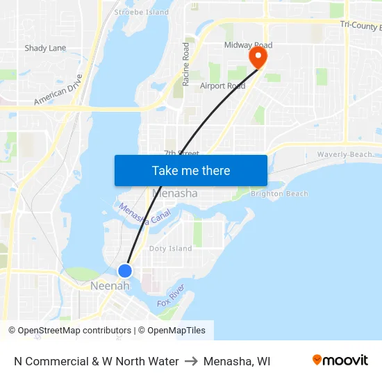N Commercial & W North Water to Menasha, WI map