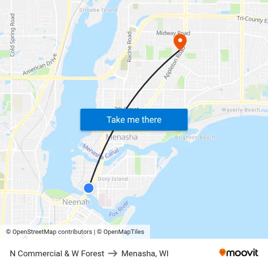 N Commercial & W Forest to Menasha, WI map