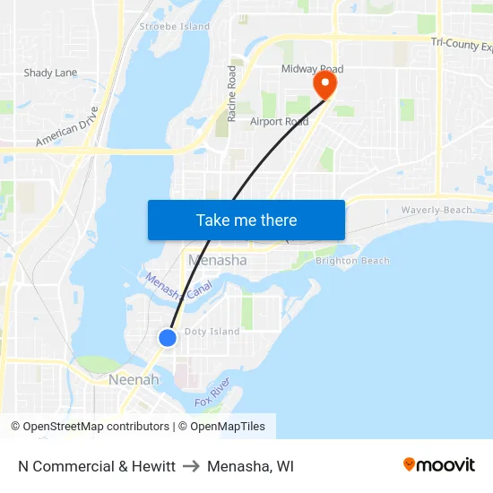 N Commercial & Hewitt to Menasha, WI map