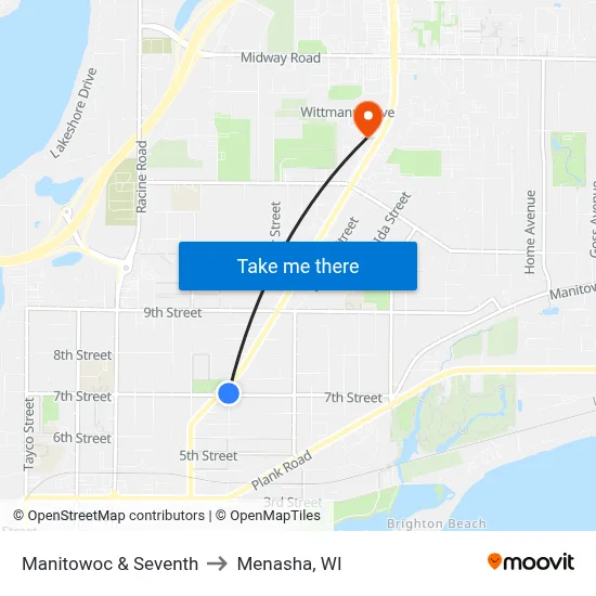 Manitowoc & Seventh to Menasha, WI map