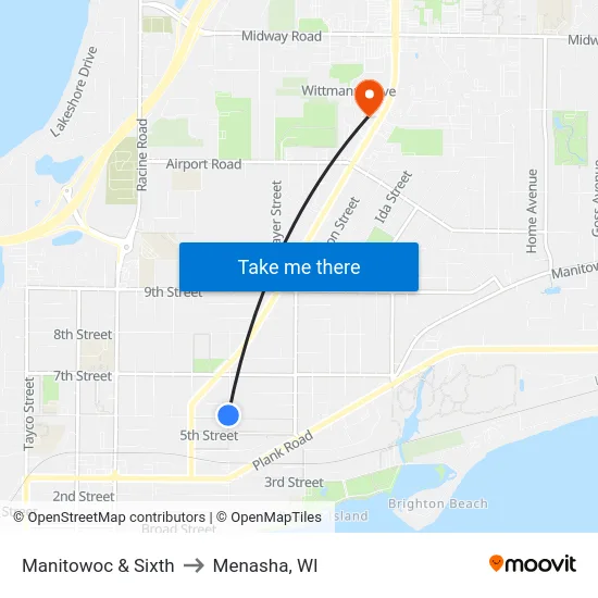 Manitowoc & Sixth to Menasha, WI map