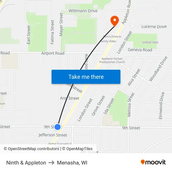 Ninth & Appleton to Menasha, WI map