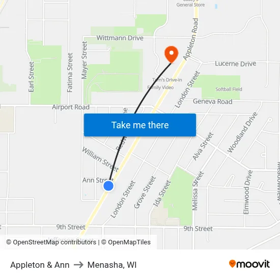 Appleton &  Ann to Menasha, WI map