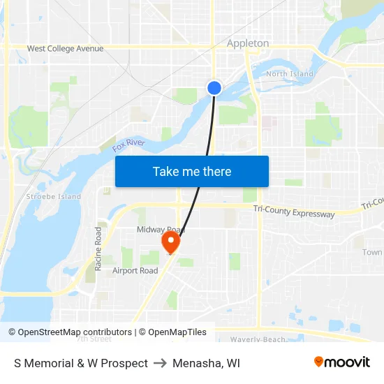 S Memorial & W Prospect to Menasha, WI map