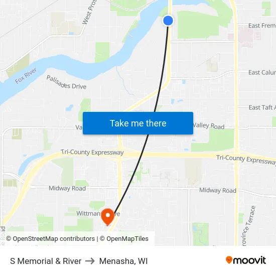 S Memorial & River to Menasha, WI map