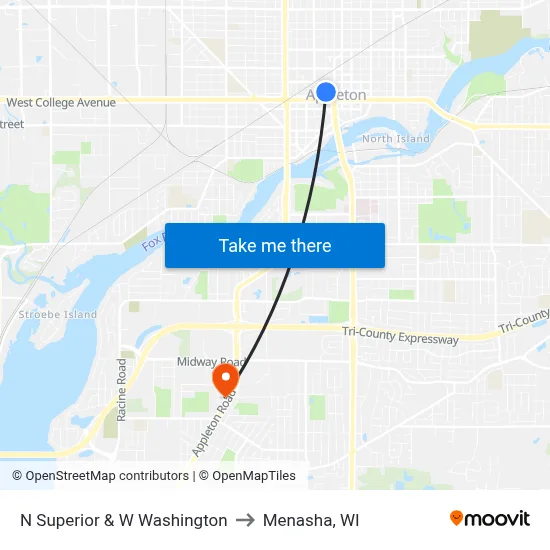 N Superior & W Washington to Menasha, WI map
