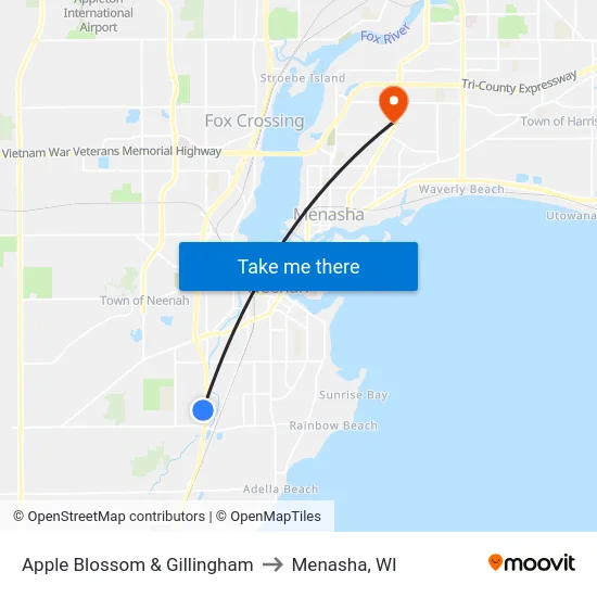 Apple Blossom & Gillingham to Menasha, WI map