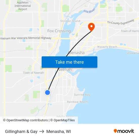 Gillingham & Gay to Menasha, WI map