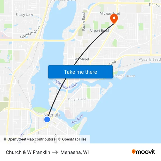 Church & W Franklin to Menasha, WI map