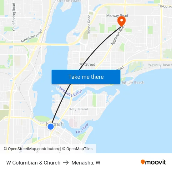 W Columbian & Church to Menasha, WI map