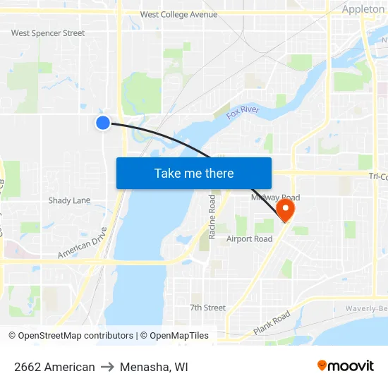 2662 American to Menasha, WI map
