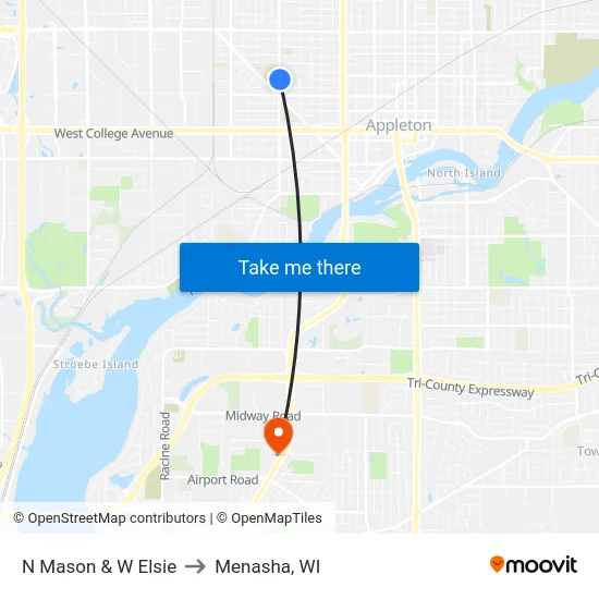 N Mason & W Elsie to Menasha, WI map