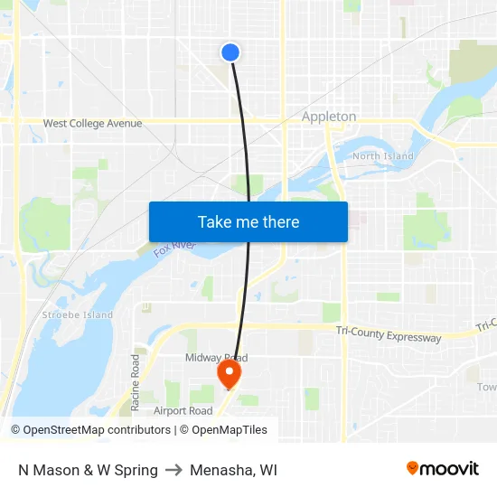 N Mason & W Spring to Menasha, WI map