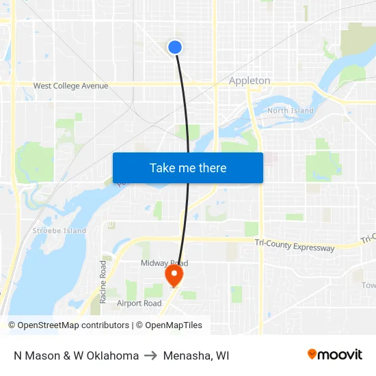 N Mason & W Oklahoma to Menasha, WI map