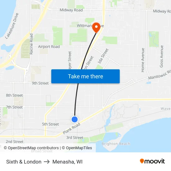 Sixth & London to Menasha, WI map