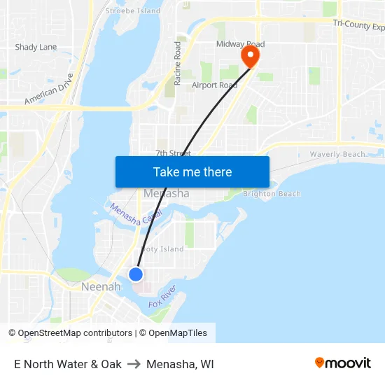 E North Water & Oak to Menasha, WI map