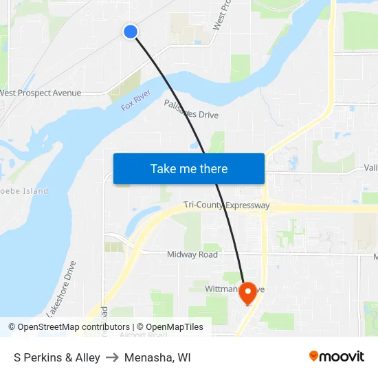 S Perkins & Alley to Menasha, WI map